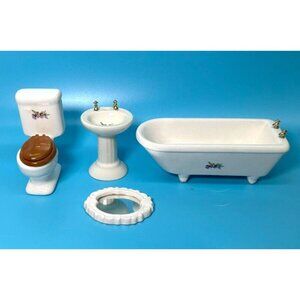 Dollhouse Size Porcelain Bathroom Set Tub Sink Toilet Mirror